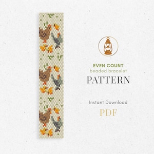Peut inclure: Un motif de bracelet de perles avec un motif répété de poulets et de poussins en marron, gris et jaune. Le texte indique "EVEN COUNT beaded bracelet PATTERN Instant Download PDF".