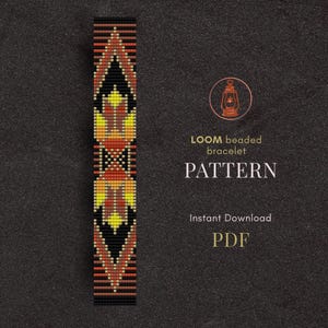 May include: A loom beaded bracelet pattern in a geometric design with black, orange, yellow, and brown beads. The pattern is displayed vertically with the words "LOOM beaded bracelet PATTERN" and "Instant Download PDF".