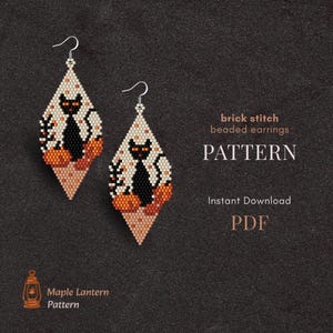 May include: Diamond-shaped beaded earrings with a Halloween theme. The earrings feature a black cat, orange pumpkins, and a cream background. The text "brick stitch beaded earrings PATTERN" is visible.