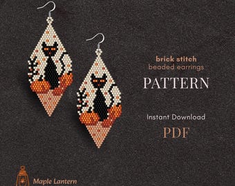 Black cat bead earrings pattern, Halloween brick stitch, pumpkin scheme, pdf download, spooky, fall