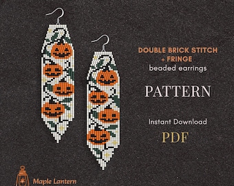 Pumpkin Beaded Fringe Earrings Pattern: Halloween Brick Stitch (PDF Download), spooky scheme, fall, autumn