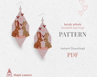 Schema per orecchini di perline a forma di coppia di coniglietti, punto mattone per San Valentino, schema d'amore, download PDF, coniglio