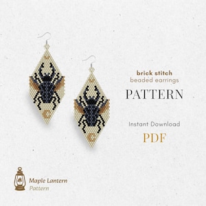 May include: Two beaded earrings in a diamond shape, featuring a black and tan beetle design. The earrings are made using a brick stitch technique. The image also includes the text "brick stitch beaded earrings PATTERN PDF".