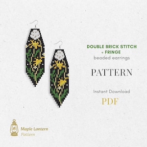 May include: Double brick stitch beaded earring pattern. The earrings are black, green, white, and yellow. The earrings have a floral design. The text on the image says "DOUBLE BRICK STITCH + FRINGE beaded earrings PATTERN Instant Download PDF".