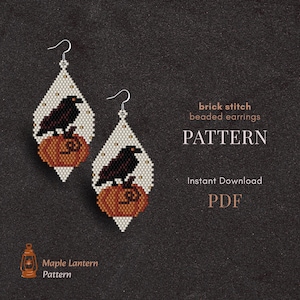 May include: Two beaded earrings with a Halloween theme. Each earring features a black crow perched on a brown pumpkin. The earrings are white with gold accents and a silver hook. The text on the image says "brick stitch beaded earrings PATTERN".