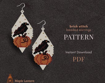 Crow on pumpkin bead earrings pattern, Halloween brick stitch, pdf download, autumn, bird, raven