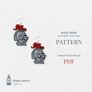 May include: Two beaded earrings in the shape of a knight's helmet, with red accents and silver hooks. The earrings are gray and white, and the image includes the text "brick stitch beaded earrings PATTERN PDF".
