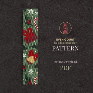 May include: A green and red Christmas-themed beaded bracelet pattern. The design includes gift boxes, bells, candy canes, and snowflakes. The text reads "EVEN COUNT beaded bracelet PATTERN Instant Download PDF".