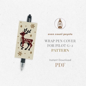 Könnte beinhalten: Eine Perlen-Stifthülle mit einem Rentier-Design in Rot und Schwarz auf cremefarbenem Hintergrund, verziert mit Schneeflocken-Akzenten. Der Text auf dem Bild lautet "WRAP PEN COVER FOR PILOT G-2 PATTERN".