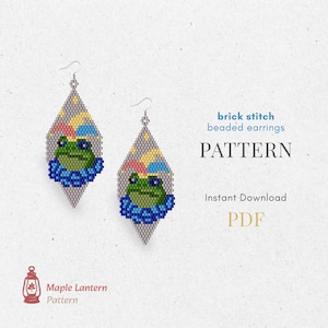 May include: Two beaded earrings in a diamond shape, each featuring a green frog design with blue and yellow accents. The earrings are gray with a brick stitch pattern. Text on the right says "brick stitch beaded earrings" and "PATTERN".
