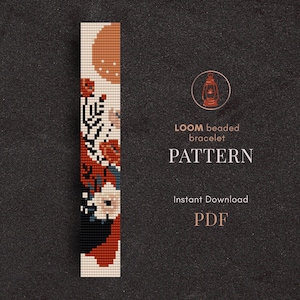 May include: A loom beaded bracelet pattern in a rectangular design. The pattern features a floral motif with red, black, and cream-coloured beads, and a rust-coloured half-circle. Text includes "LOOM beaded bracelet PATTERN" and "Instant Download PDF."