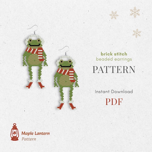 Frog bead earrings pattern, Christmas brick stitch, winter scheme, pdf download, holiday, animal
