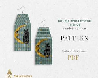 Black Cat on Moon Beaded Fringe Earrings Pattern: Halloween Brick Stitch (PDF Download), spooky