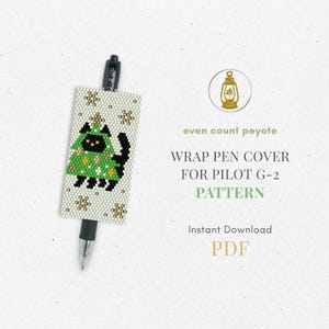 May include: A beaded pen wrap featuring a black cat in a Christmas tree design. The wrap is white with gold snowflake accents. The text "WRAP PEN COVER FOR PILOT G-2 PATTERN" is visible. The design is for an instant PDF download.