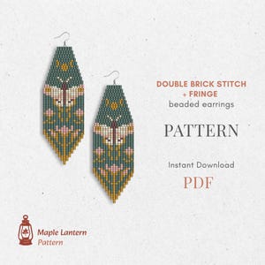 Pode incluir: Dois brincos de contas com fundo verde-azulado, com um design de borboleta e floral em rosa, branco e dourado. Os brincos estão rotulados como "DOUBLE BRICK STITCH + FRINGE beaded earrings" e "PATTERN". O logotipo Maple Lantern Pattern também é visível.