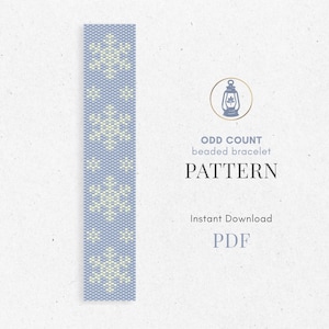May include: A light blue beaded bracelet pattern with a snowflake design. The pattern is for an odd count beaded bracelet. The text on the image says "PATTERN" and "Instant Download PDF".