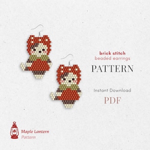 May include: Two beaded earrings in a whimsical doll design. The earrings feature a red and brown colour scheme with a white face and a green scarf. The text on the image reads "brick stitch beaded earrings" and "PATTERN".