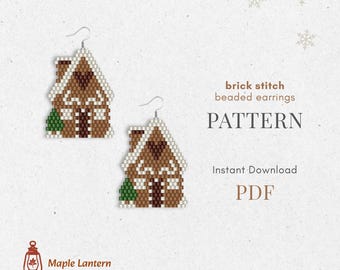 Puede incluir: Dos pendientes de casa de jengibre con cuentas, con detalles blancos y un pequeño árbol verde. Los pendientes forman parte de un patrón disponible como descarga instantánea en PDF. El texto dice "brick stitch beaded earrings" y "PATTERN".