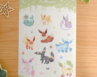 May include: A rectangular sticker sheet titled fluffeevees featuring various illustrated creatures in pastel colors. The sheet includes nine distinct characters with small plant-like sprouts on their heads, arranged on a light green grid background.