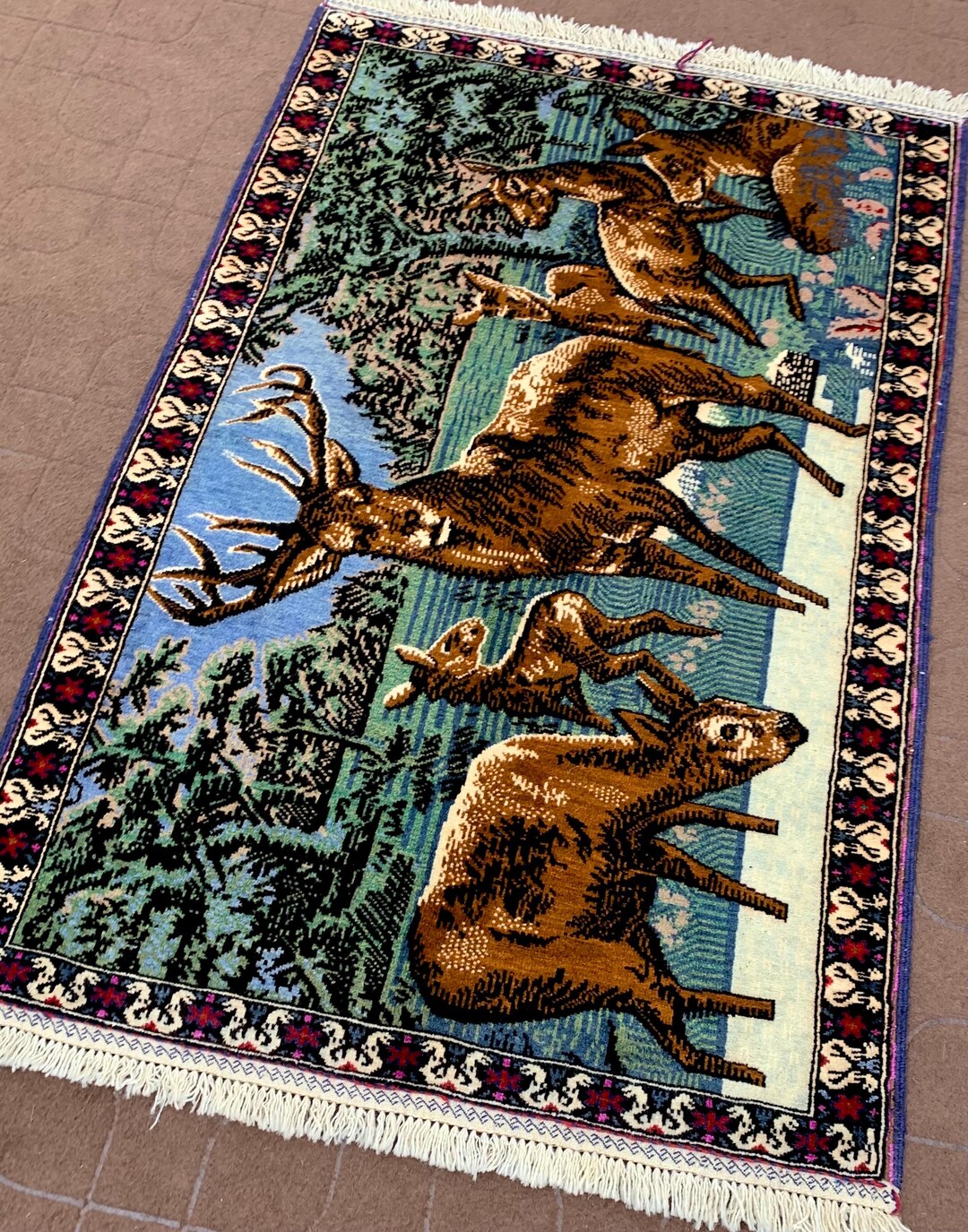 Vintage Afghan Pictorial Deer Rug Wildlife Hunting Scene Carpet ...