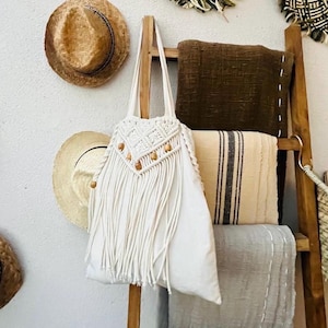 Sac en coton macramé tendance avec longues anses, style bohème, sac de festival, beige, naturel, gris, cabas, sac de courses, écoresponsable