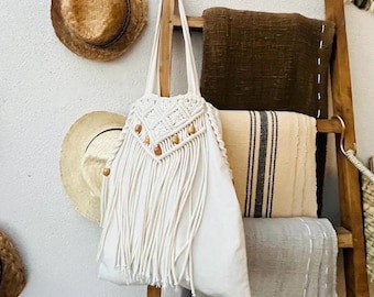 Trendy macrame cotton bag with long handles, boho style, festival bag, beige, natural, grey, shopper, shopping bag, sustainable