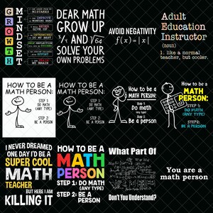 Puede incluir: Fondo negro con texto blanco y colorido sobre matemáticas, incluyendo "Dear Math, Grow Up", "How to be a Math Person" y "Avoid Negativity". La imagen también presenta figuras de palitos y ecuaciones matemáticas.