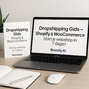 May include: A laptop displaying "Dropshipping Gids - Shopify & WooCommerce" text, next to a book with similar text. A notebook, pen, and mouse are on the wooden surface. The book and laptop screen are white with black text.