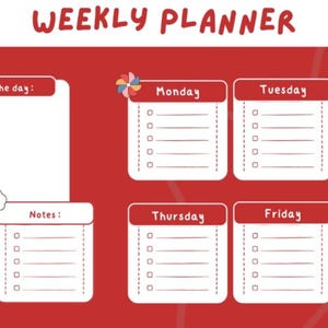 Op de afbeelding: Rode weekplanner met witte vakken voor dagelijkse taken en notities. De planner bevat secties voor "Quote of the day", "Top Priorities" en "Notes". Decoratieve elementen zijn regenbogen, wolken en een windmolen.