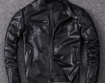 Black Leather Biker Jacket, Men's Slim Fit Moto, Streetwear Outerwear