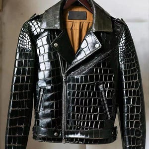 Chaqueta de motociclista de cuero con relieve de serpiente para hombre / Abrigo estilo motociclista con textura de pitón, hecho a mano