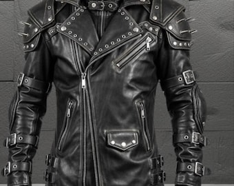 Men's Spiked Black Leather Biker Jacket | Gothic Punk Rock Coat