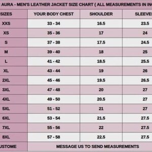 May include: A size chart for men's leather jackets, with measurements in inches. The chart includes sizes from XXS to 8XL, detailing chest, shoulder, and sleeve measurements. The text at the bottom says "Message us to send measurements."