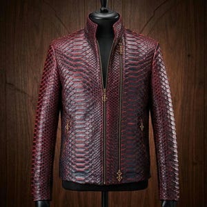 May include: A burgundy leather jacket with a snakeskin pattern. The jacket features a high collar, a full-length zip, and decorative gold-coloured zip pulls. The jacket is displayed on a black mannequin against a wood-grain background.