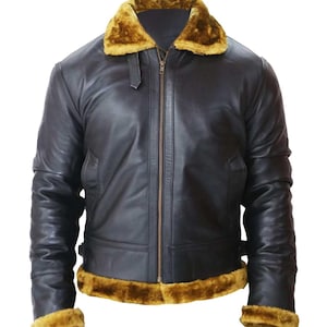 Handmade Shearling Leather Aviator Jacket, Brown Fur Collar