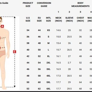 May include: A body measurements guide with a male figure and a table detailing product sizes, international sizes, and body measurements in inches. Measurements include neck, sleeve, chest, waist, and height.
