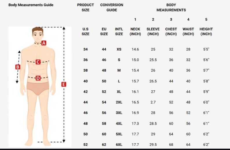 May include: A body measurements guide with a male figure and a table detailing product sizes, international sizes, and body measurements in inches. Measurements include neck, sleeve, chest, waist, and height.