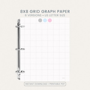 May include: A white 8x8 grid graph paper sheet in a binder. The text on the image reads: "8x8 GRID GRAPH PAPER, 6 VERSIONS, US LETTER SIZE, INSTANT DOWNLOAD, PRINTABLE PDF."