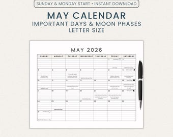 May Calendar 2026 with Important Days and Moon Phases | Letter Size Printable PDF