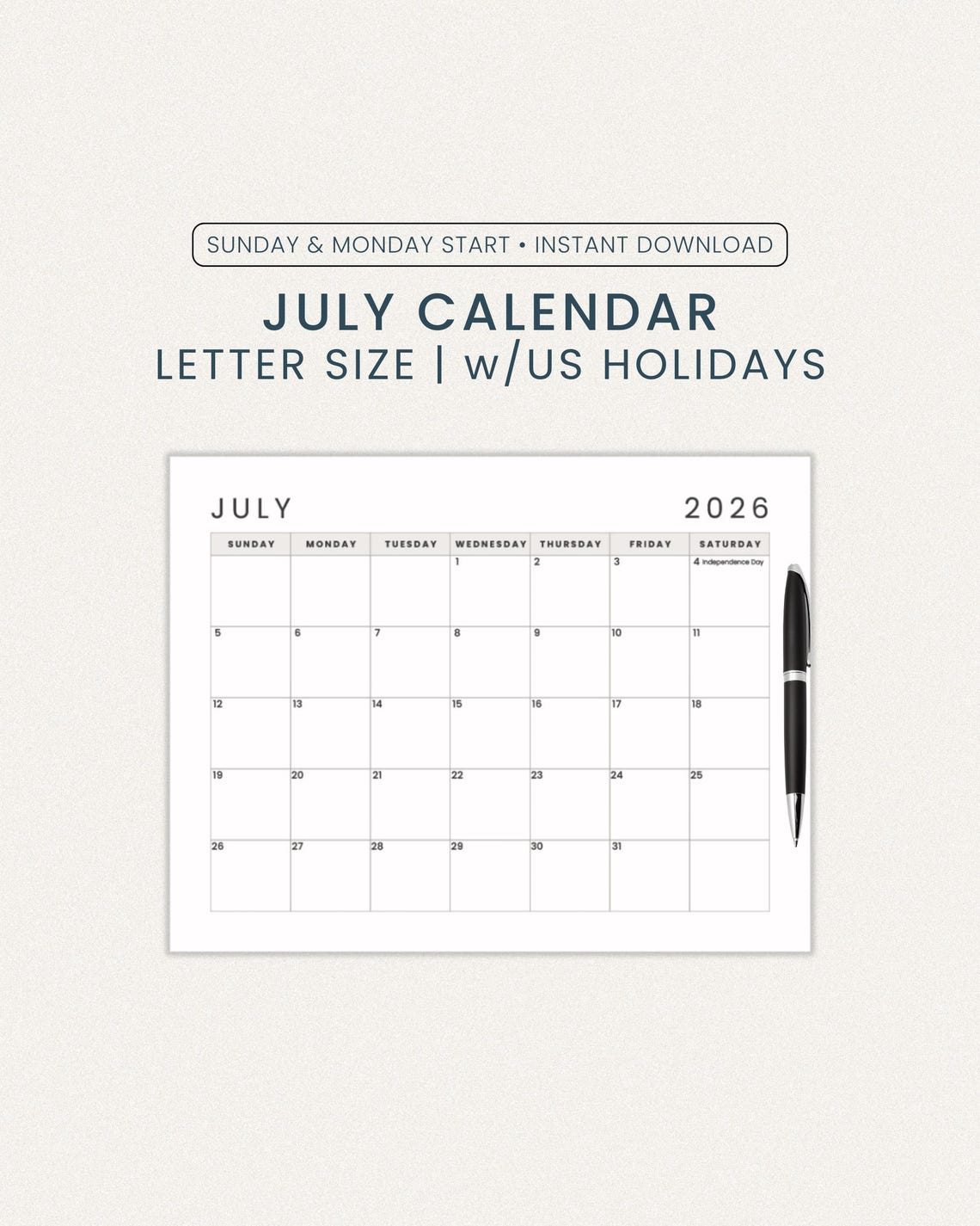 July Calendar 2026 | Sunday Monday Start | Letter Size Printable PDF - Etsy