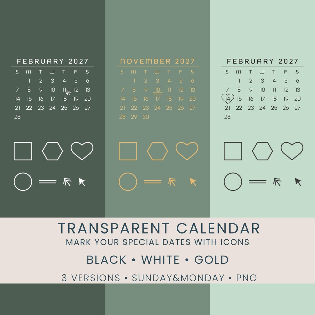 Transparent Calendar, 2027 Calendar Overlays for Invitations and Design ...