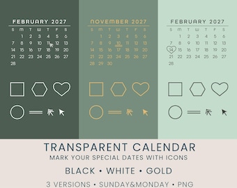 Transparent Calendar, 2027 Calendar Overlays for Invitations and Design, Sunday Monday Start (Digital Download)