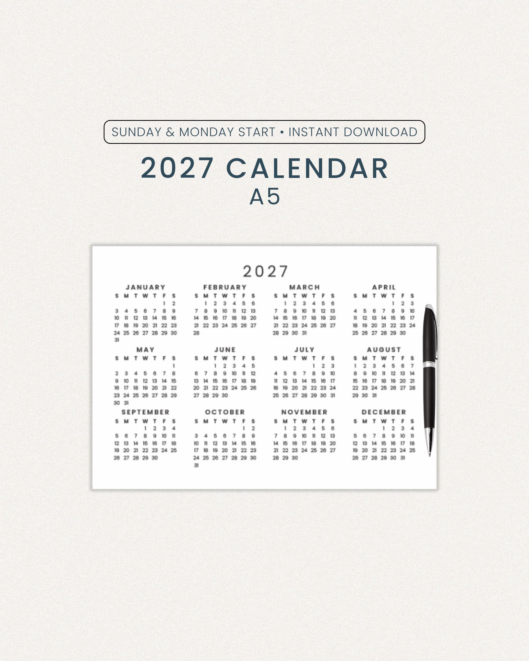 2027 Calendar | A5 Size Printable PDF | Landscape - Etsy