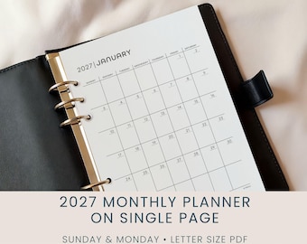 2027 Monthly Calendar Printable, Minimalist Monthly Planner, Set of 12 Months (Digital Download)