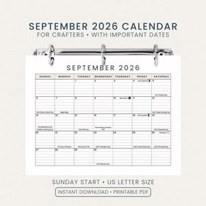 Månadsplanerare för hantverkare september 2026 | Söndagsstart | Utskrivbar PDF i brevformat