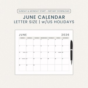 Könnte beinhalten: Weißer Juni 2026 Kalender mit US-Feiertagen, Letter-Format und Start am Sonntag und Montag. Ein schwarzer Stift befindet sich auf der rechten Seite. Der Text "JUNE CALENDAR" steht oben.