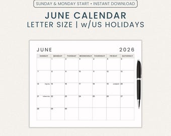 June Calendar 2026 | Sunday Monday Start | Letter Size Printable PDF