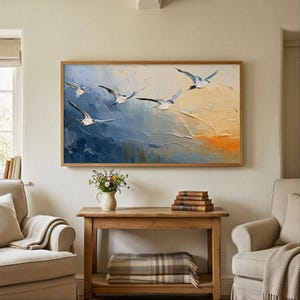 Flygande fåglar ram TV-konst - Blå och guld abstrakt himmel - Kustdekor - (Digital nedladdning-F26)
