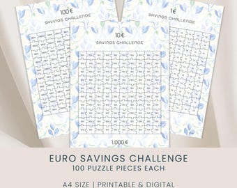 Euro Savings Challenge Bundle: Floral, 100 Puzzles, Printable and Digital Use (A4 Size)