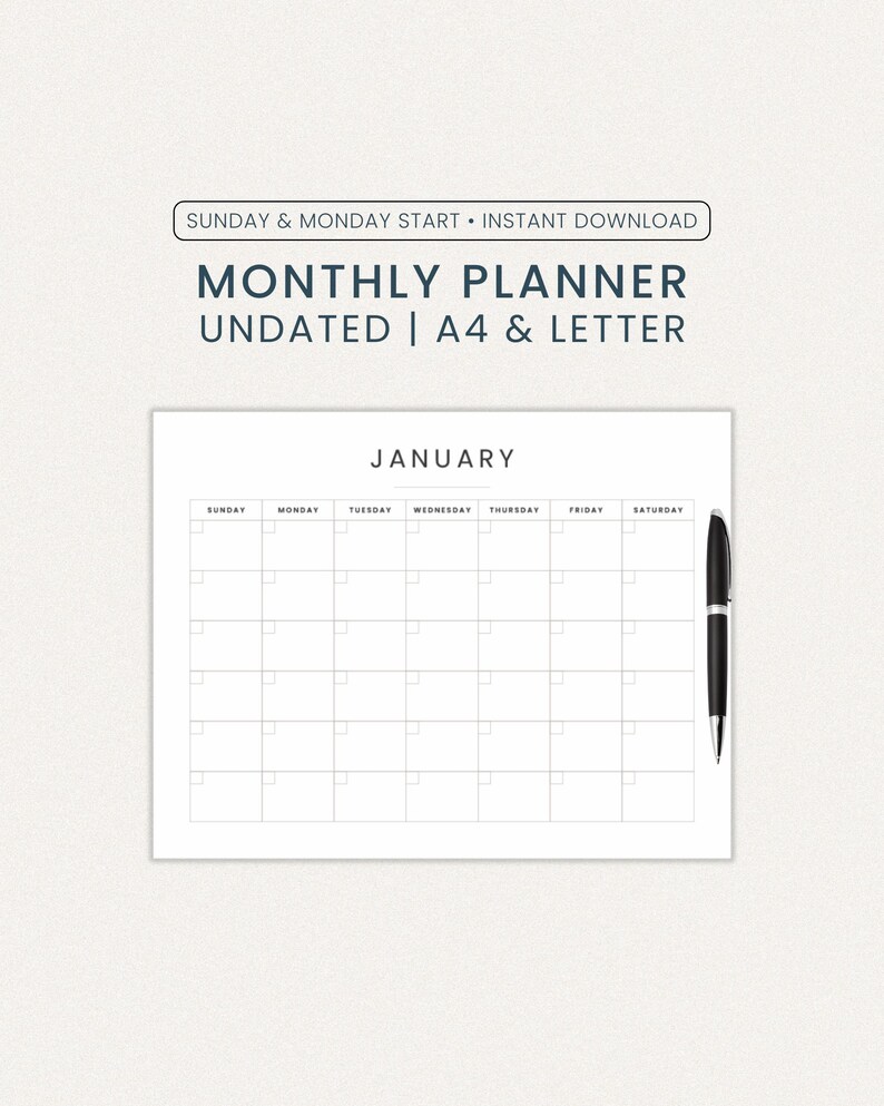 Undated Monthly Planner Printable | Landscape | A4 & Letter Size PDF - Etsy